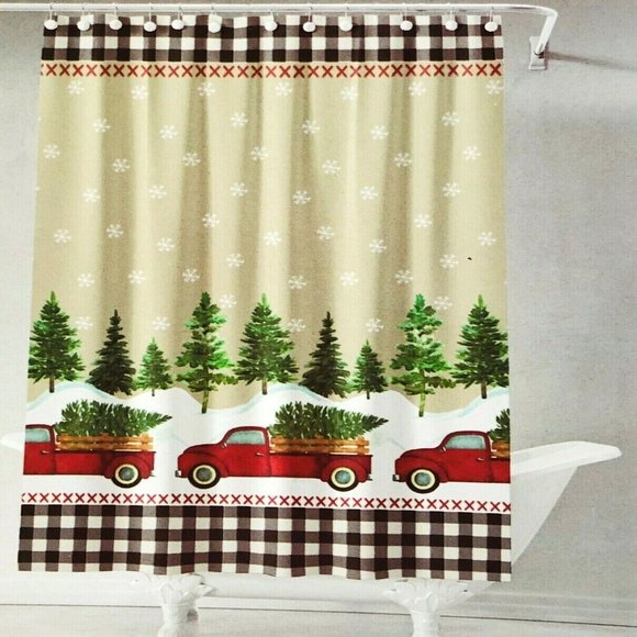 Christmas Red Truck Fabric Shower Curtain Holiday Buffalo Check Farmhouse New - Picture 3 of 3